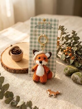 Piper Orange & White Crochet Fox Keychain with Gold Ring